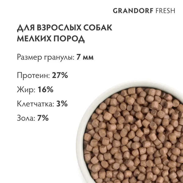 Сухой корм GRANDORF Fresh Dog Adult Mini Turkey&Sweet Potato для собак мелких пород из свежего мяса индейки с бататом