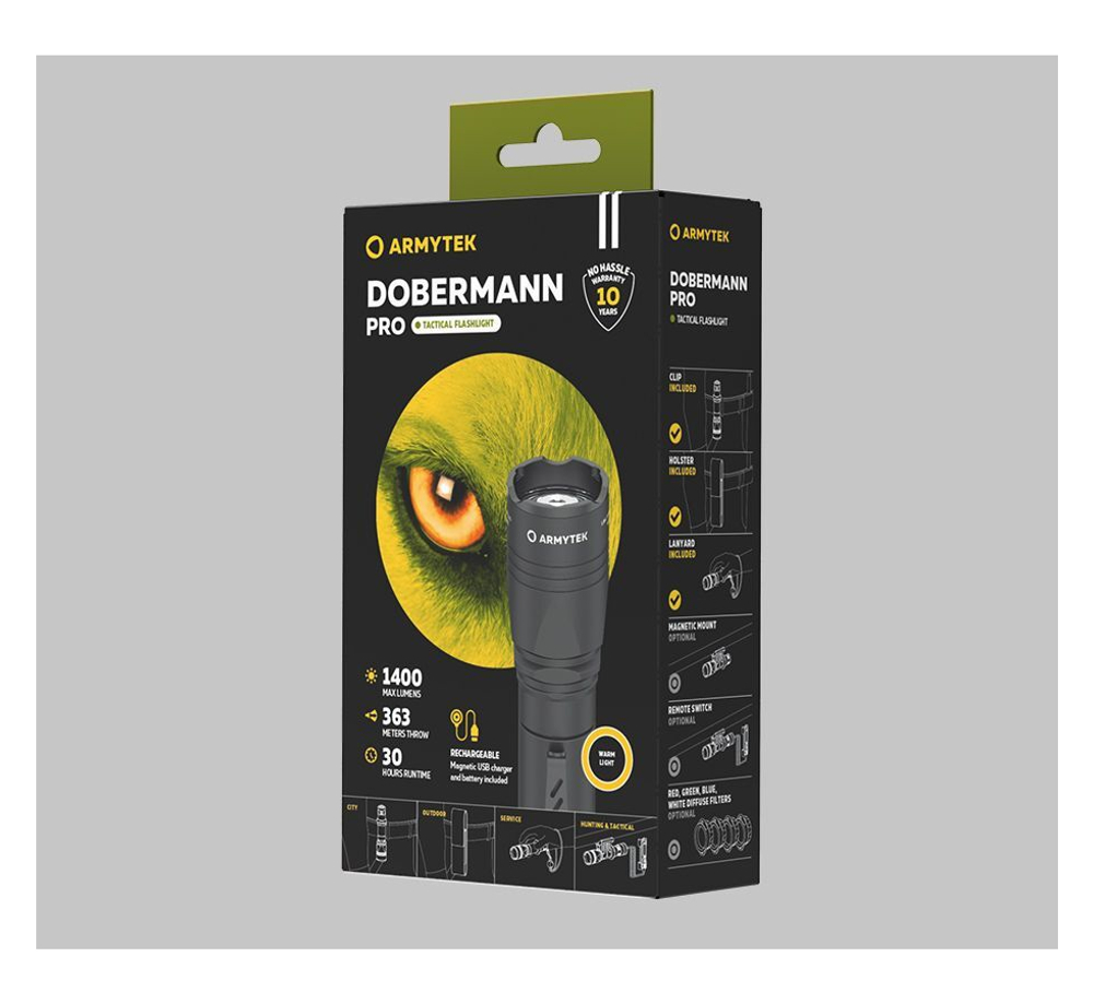 Фонарь тактический Armytek Dobermann Pro Magnet USB, XHP35.2 HI Теплый, 1400 лм, 1x18650 (в комплекте)