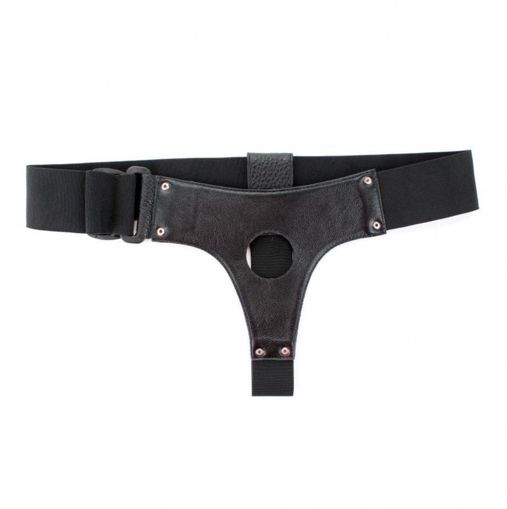 Чёрные трусики для страпона из натуральной кожи (Размер: S-M) (Цвет: черный)