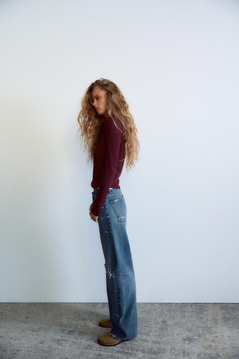 ZARA ТОП ПОЛО С УЗОРОМ «КОСЫ», ТЕМНО-БОРДОВЫЙ