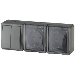 Блок две розетки + выключатель ЭРА Эксперт 11-7404-03 двойной IP54 16A-10AX-250В ОУ серый | Эра Эксперт