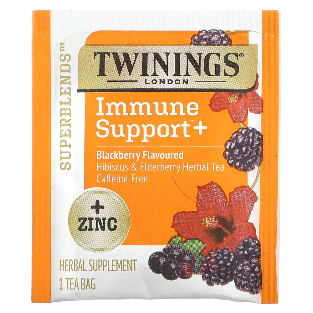 Twinings, Superblends™, поддержка иммунитета, травяной чай с гибискусом и бузиной, ежевика, без кофеина, 16 чайных пакетиков, 32 г (1,12 унции)