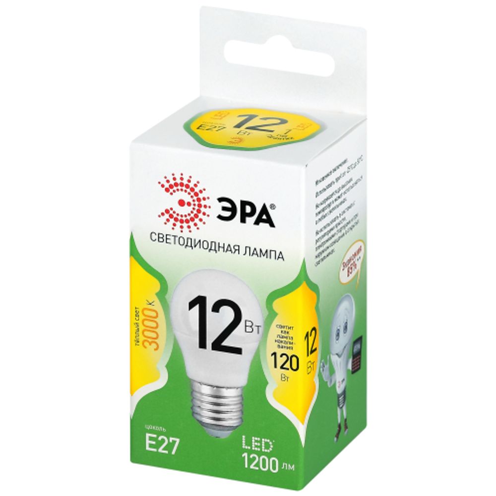 Лампа светодиодная ЭРА GREEN LINE LED P45-12W-830-E27 GL 12Вт шар теплый свет E27 | Лампы cветодиодные Шар (G/P)