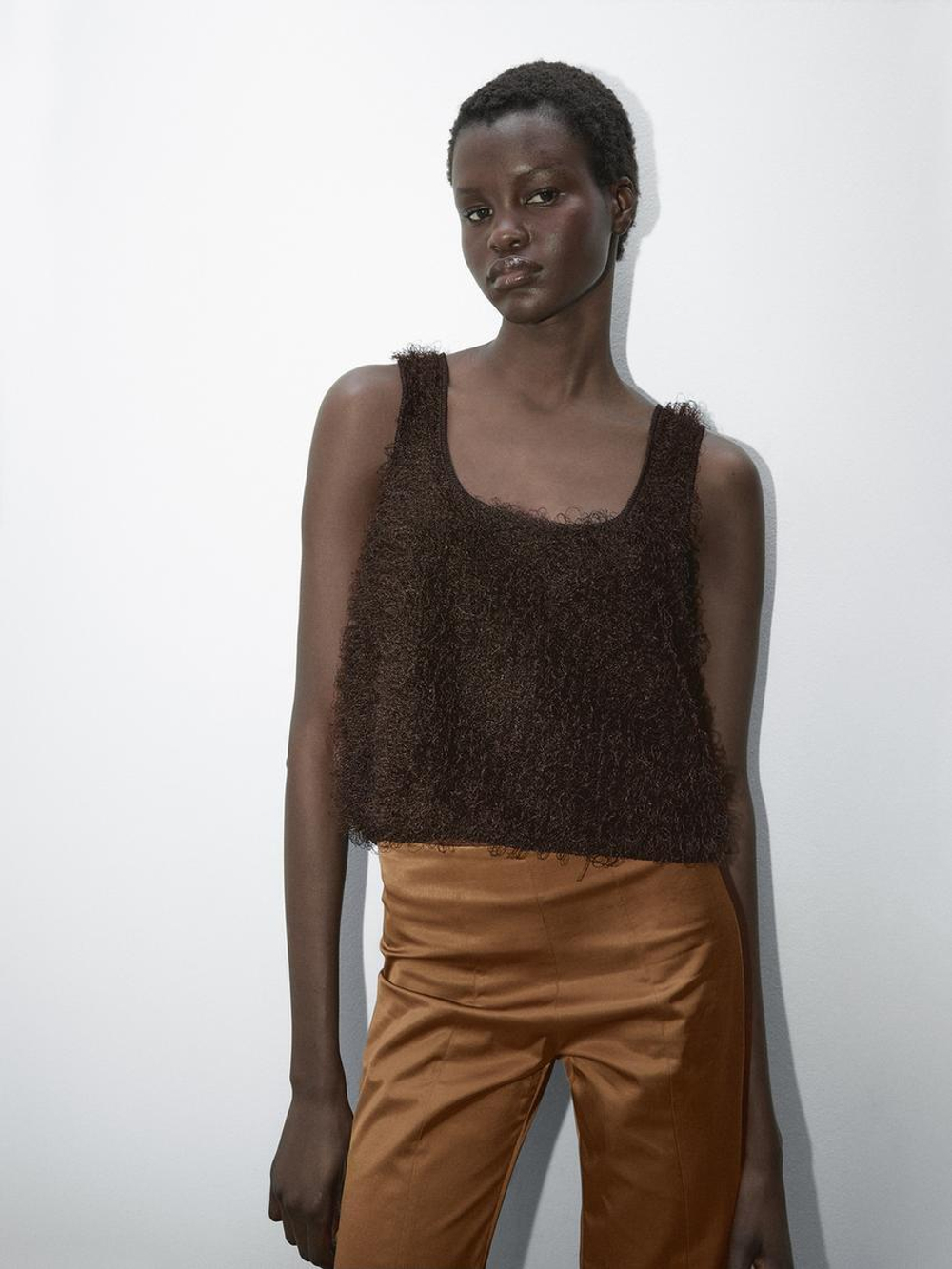 Massimo Dutti Топ из пряжи букле, шоколадно-коричневый