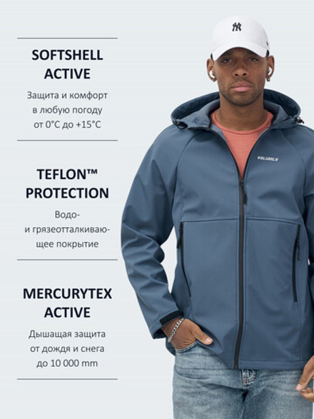 Ветровка спортивная мужская с капюшоном softshell синего цвета 9563S