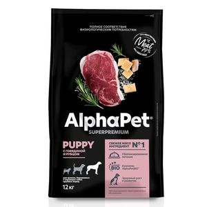 Сухой корм AlphaPet Superpremium для щенков до 6 месяцев, беременных и кормящих собак крупных пород с говядиной и рубцом
