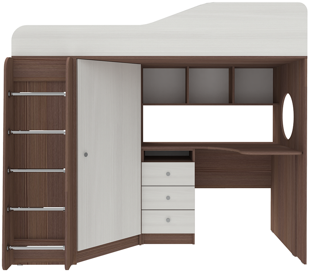 Кровать-чердак КарИВи Кадет 1 с металлической лестницей Бодего Темный Белое Дерево