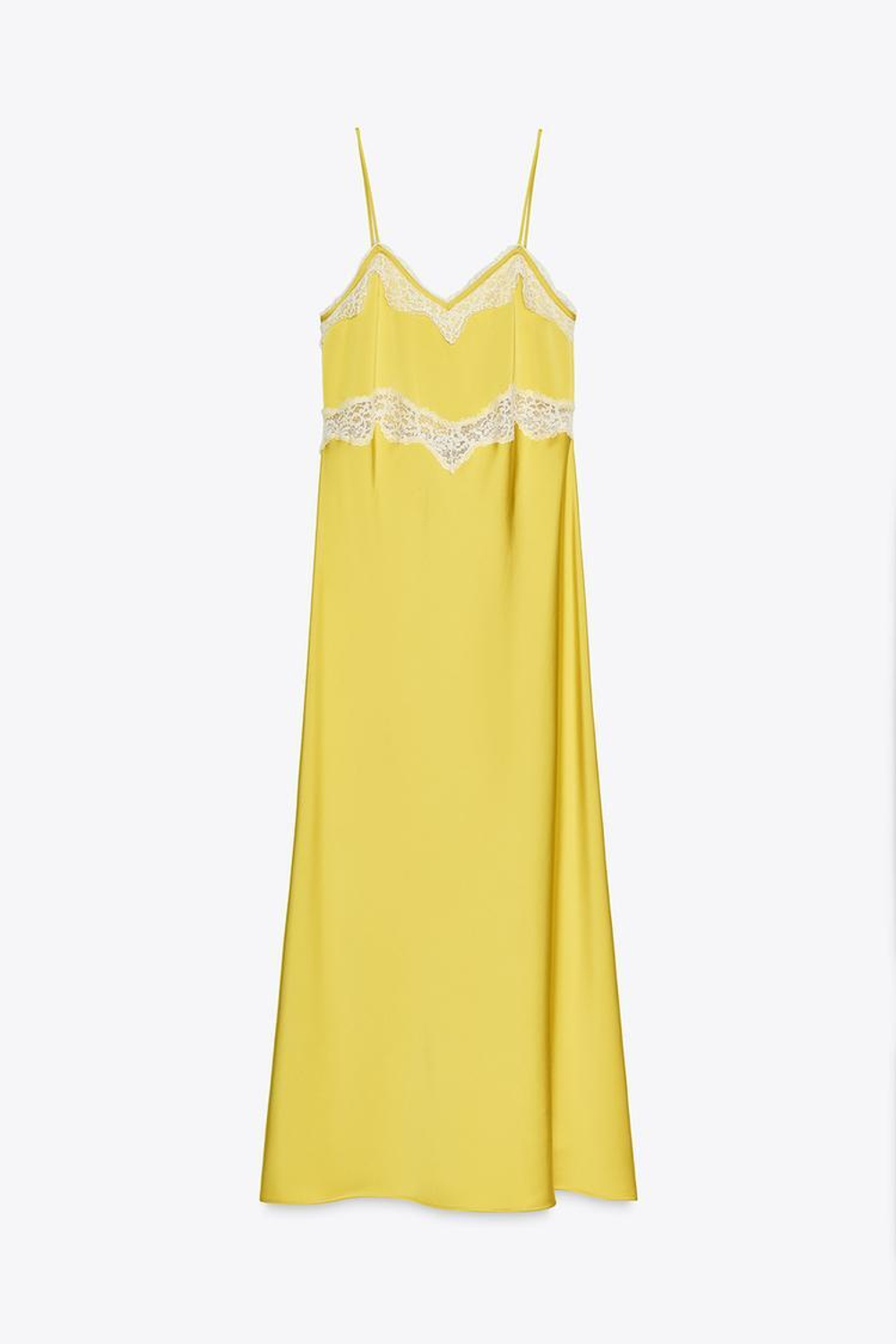 ZARA ПЛАТЬЕ-КОМБИНАЦИЯ МИДИ С КРУЖЕВОМ, ГОРЧИЧНЫЙ