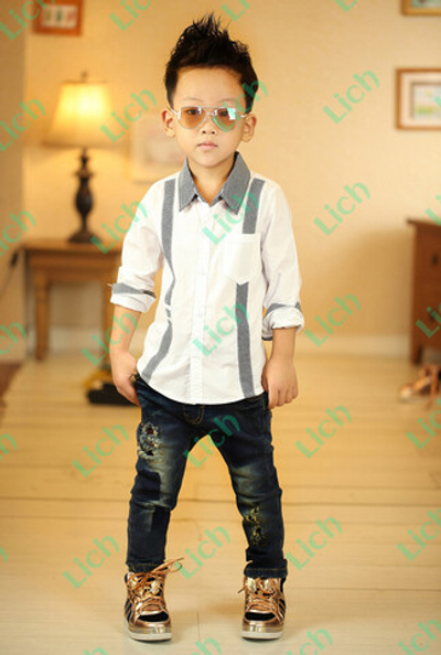 Рубашка детская с клетчатыми вставками и накладным карманом