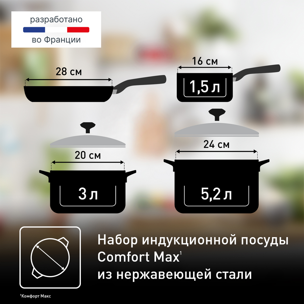 Набор посуды Tefal Comfort Max 11 предметов 1,4/2,9/5,1л 16/20/24/28см C973SB34