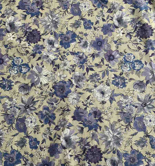 Коттон принт, цветы синие/сиреневые на бежевом BST3452