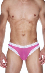 Мужские трусы-бразилиана с отделкой края кружевом (Размер: S-M) (Цвет: розовый с белым)