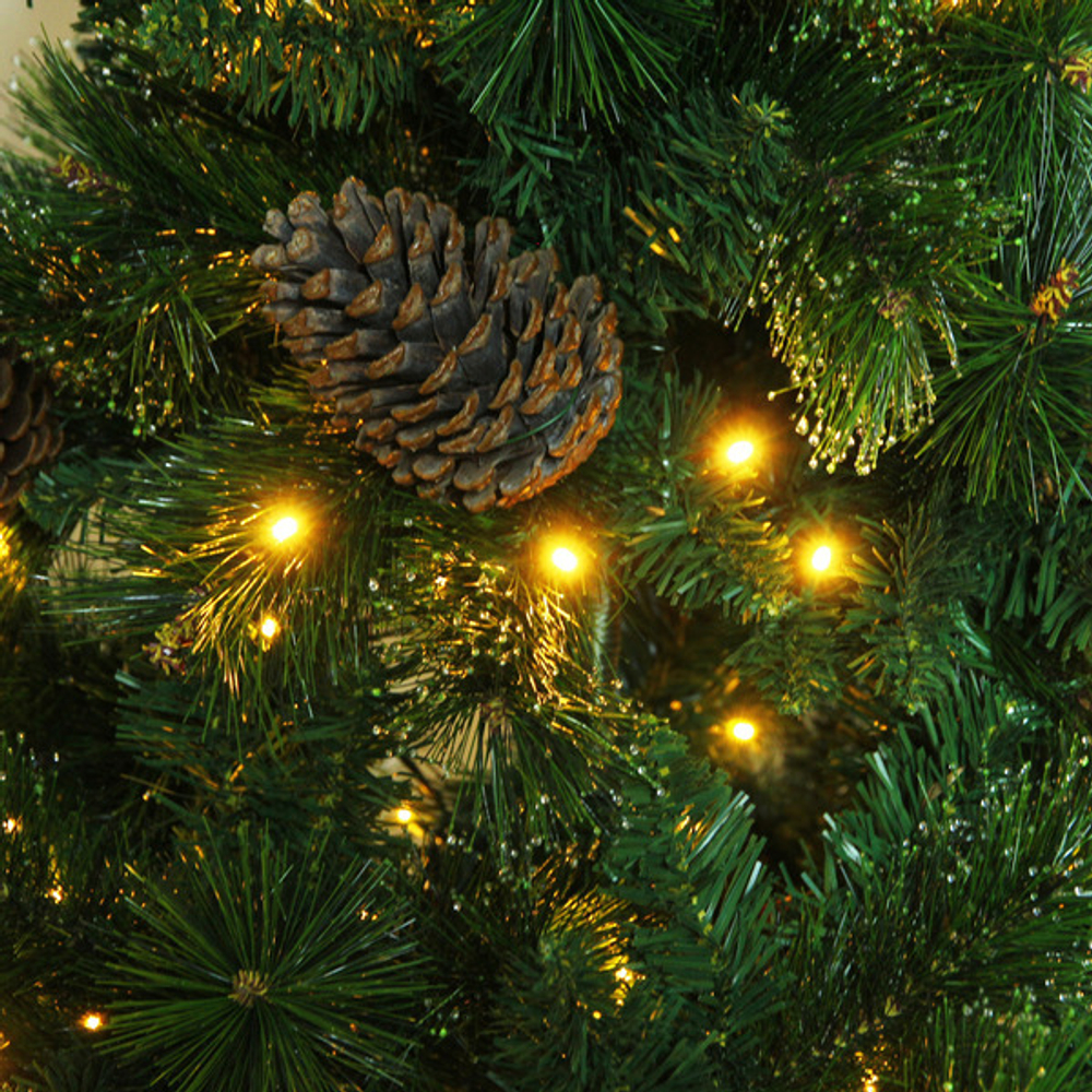Елка светодиодная «Лесная метель» 210 см, ПВХ+леска (шишки и напыление), 1075 веток, 240 ламп LED, Теплый белый