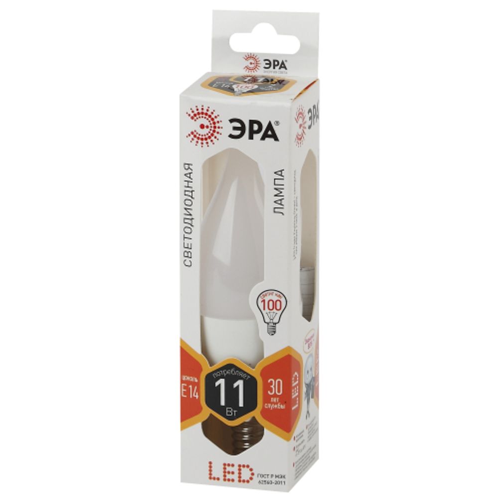 Лампа светодиодная ЭРА STD LED BXS-11W-827-E14 11Вт свеча на ветру теплый белый свет Е14 | Лампы cветодиодные Свеча (B/C)