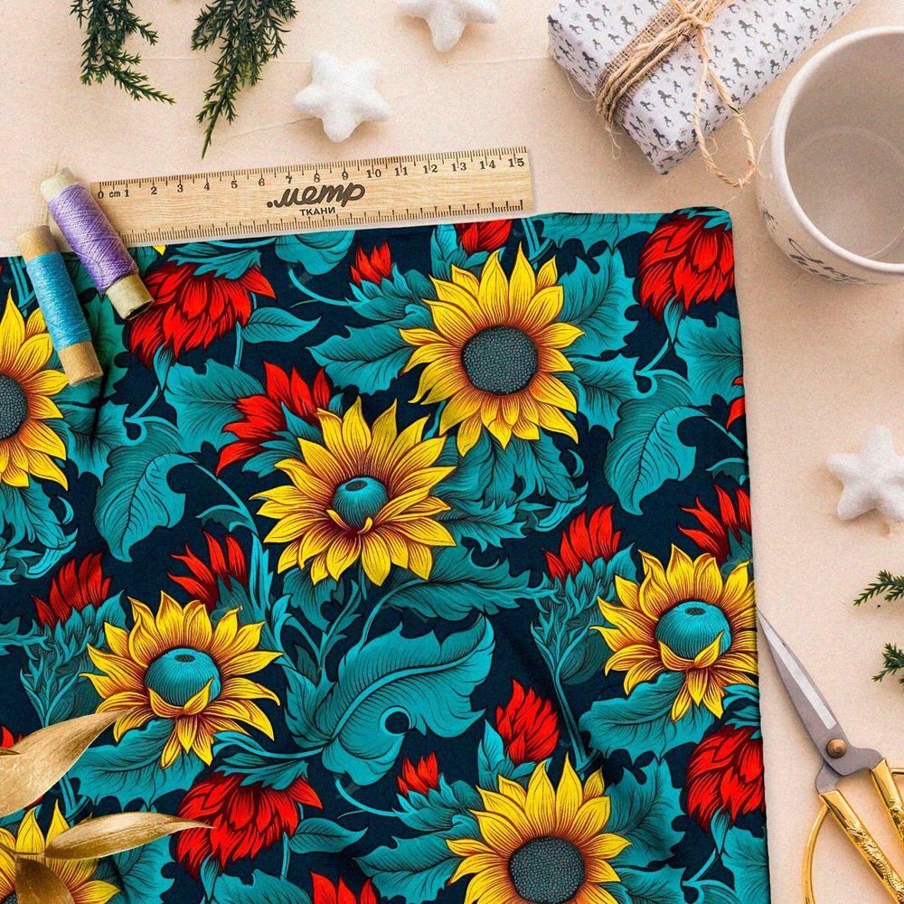 Ткань премиум габардин ночные подсолнухи