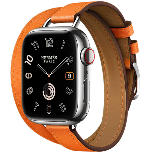 Apple Watch Series 9 Hermes 41 mm, двойной тонкий кожаный ремешок оранжевого цвета