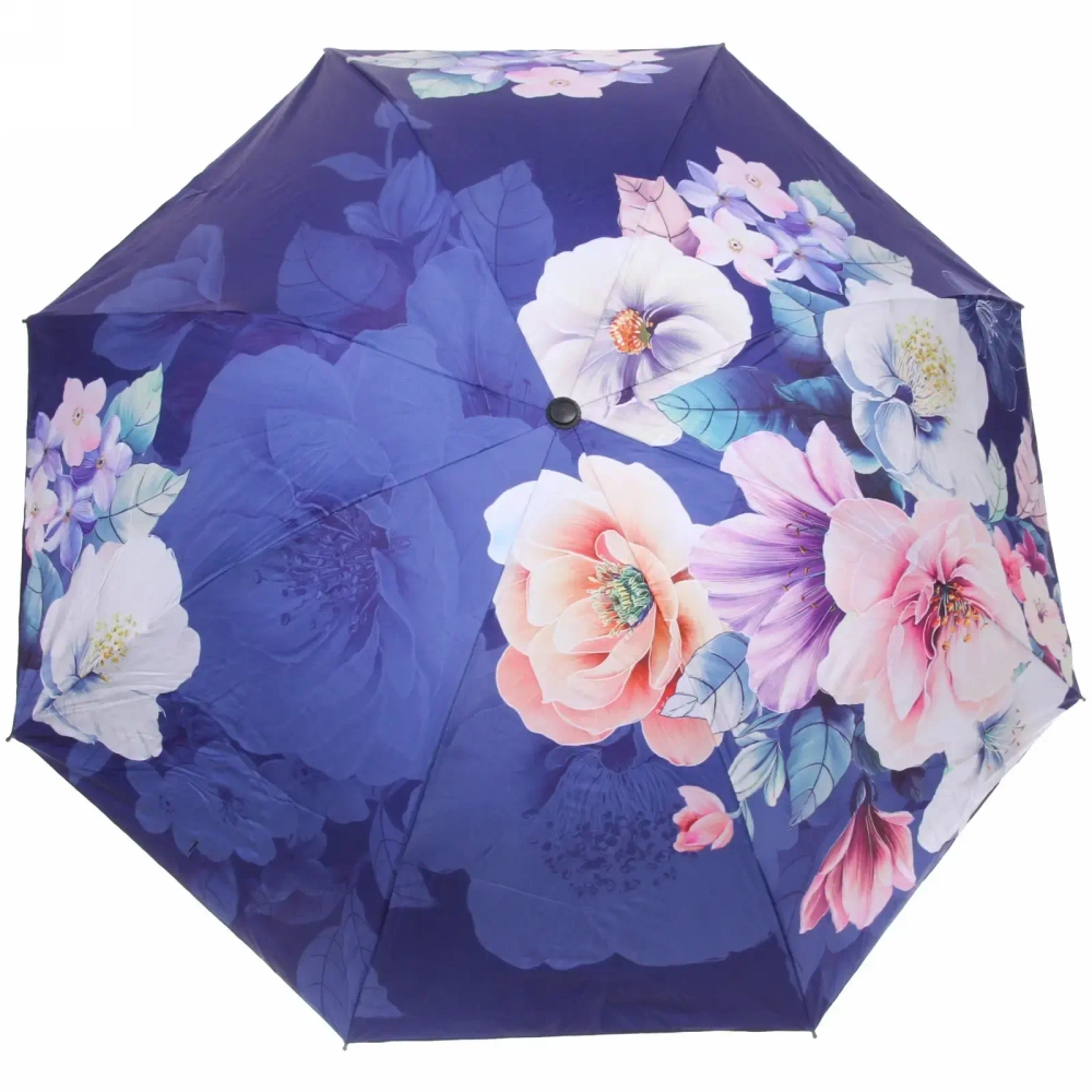 Зонт механический ветроустойчивый, матовая ручка «BESTzontik - Sofi»,цветы на темно сиреневом, длина 25см, d-110см