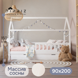 Кровать детская, 90х200, Мессина, односпальная, кровать-домик, с бортиками, из массива дерева, с основанием, Dipriz