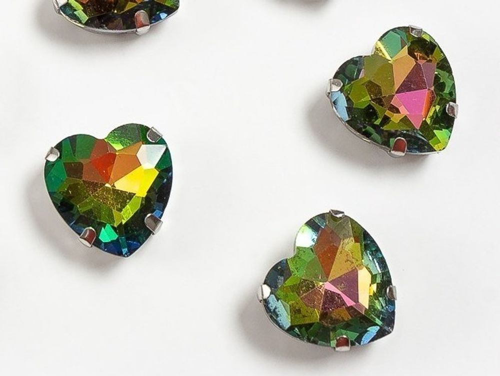 Стразы пришивные стекло в оправе "Сердечко", р. 16 мм, хамелеон