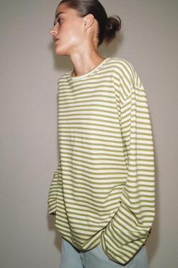 ZARA ФУТБОЛКА В ПОЛОСКУ ИЗ ХЛОПКА И ЛЬНА, БЕЖЕВЫЙ/НЕЖНО-КОРИЧНЕВЫЙ