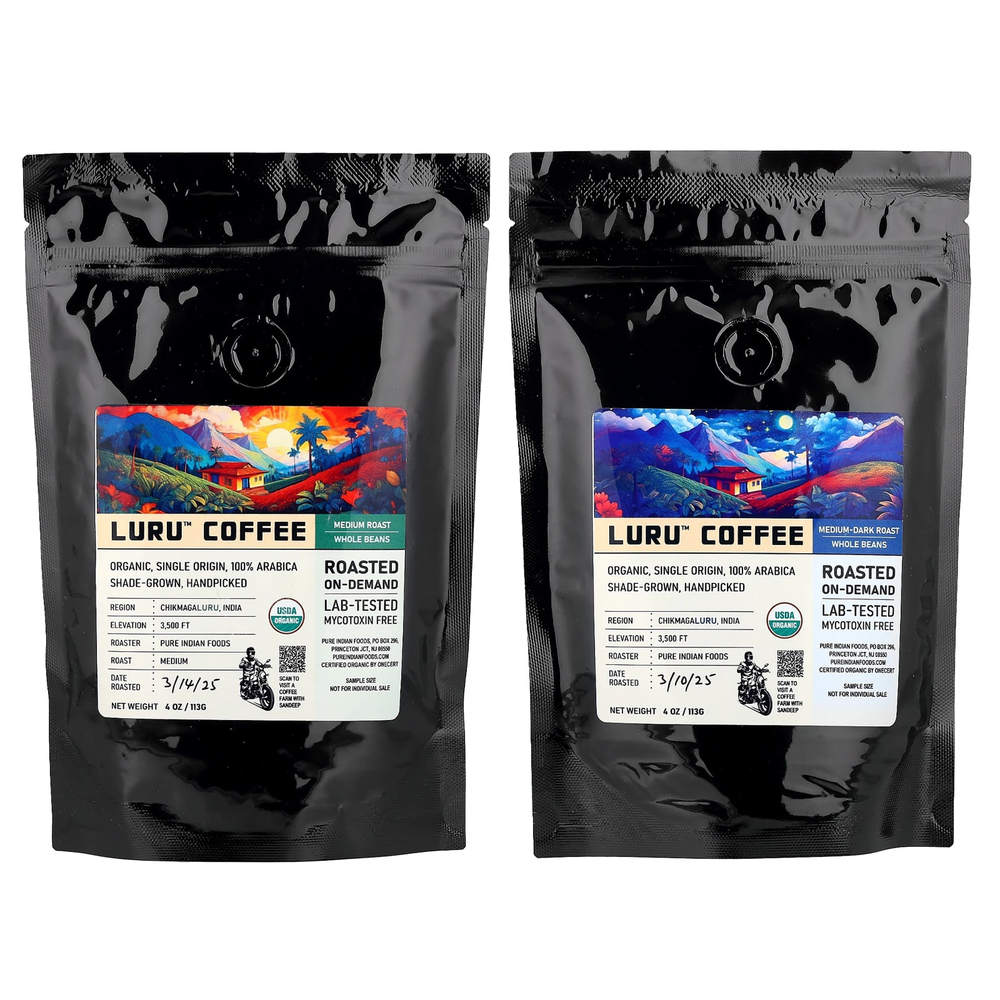 Pure Indian Foods, Luru™, кофе, набор пробных продуктов из цельных зерен, 2 упаковки по 113 г (4 унции)
