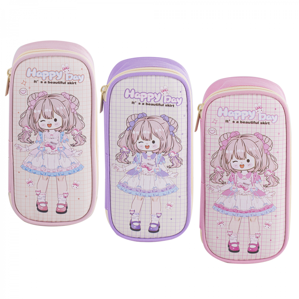 Пенал - косметичка Alingar, ПВХ/ткань, молния, 1 откидная планка, 210 х 90 х 45 мм, "Happy Day" девочка, микс (розовый, фиолет, св-роз), европодвес