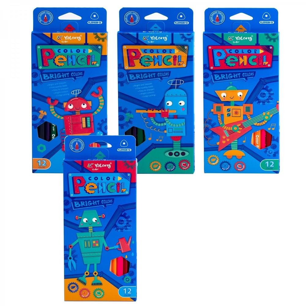 Карандаши цветные Yalong 12 цв., "Роботы" деревянные, трехгранные, заточенные, грифель 3.0 мм, картон. уп., европодвес