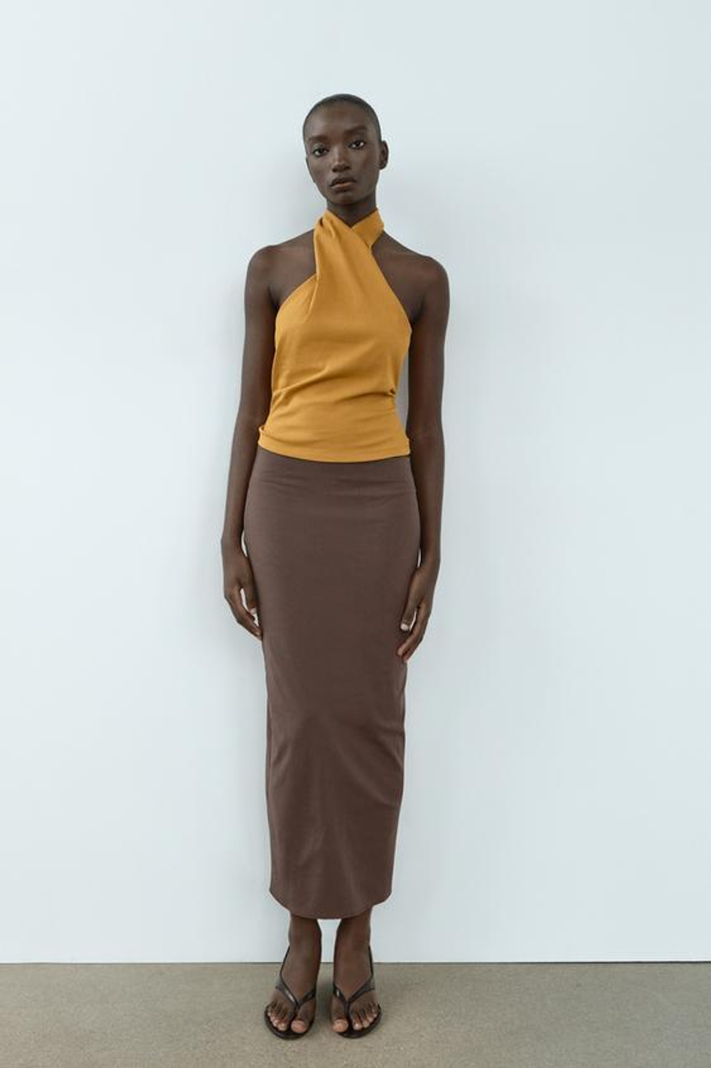 ZARA ЭЛАСТИЧНЫЙ ТОП СО СБОРКОЙ, ГОРЧИЧНЫЙ