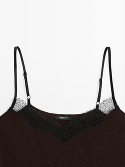 Massimo Dutti Топ в бельевом стиле с отделкой кружевом, шоколадный