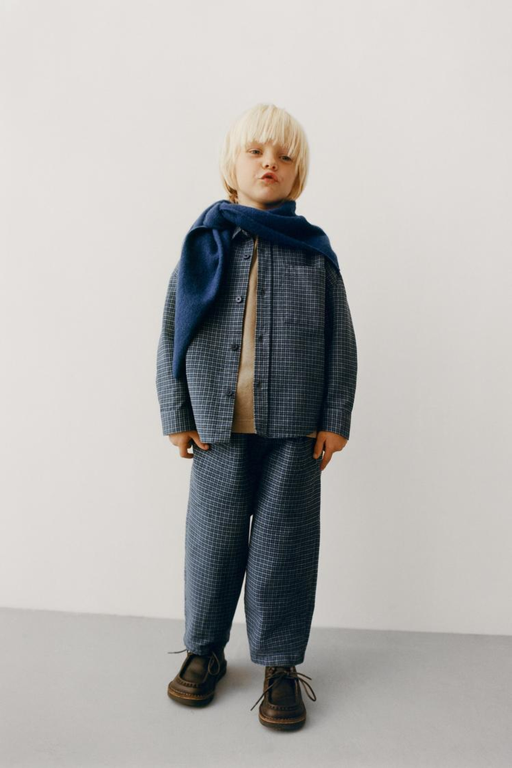 ZARA ТЕПЛЫЕ БРЮКИ BAGGY В КЛЕТКУ, СИНИЙ