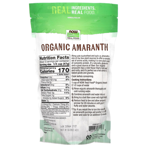 NOW Foods, органический цельнозерновой амарант, 454 г (16 унции)