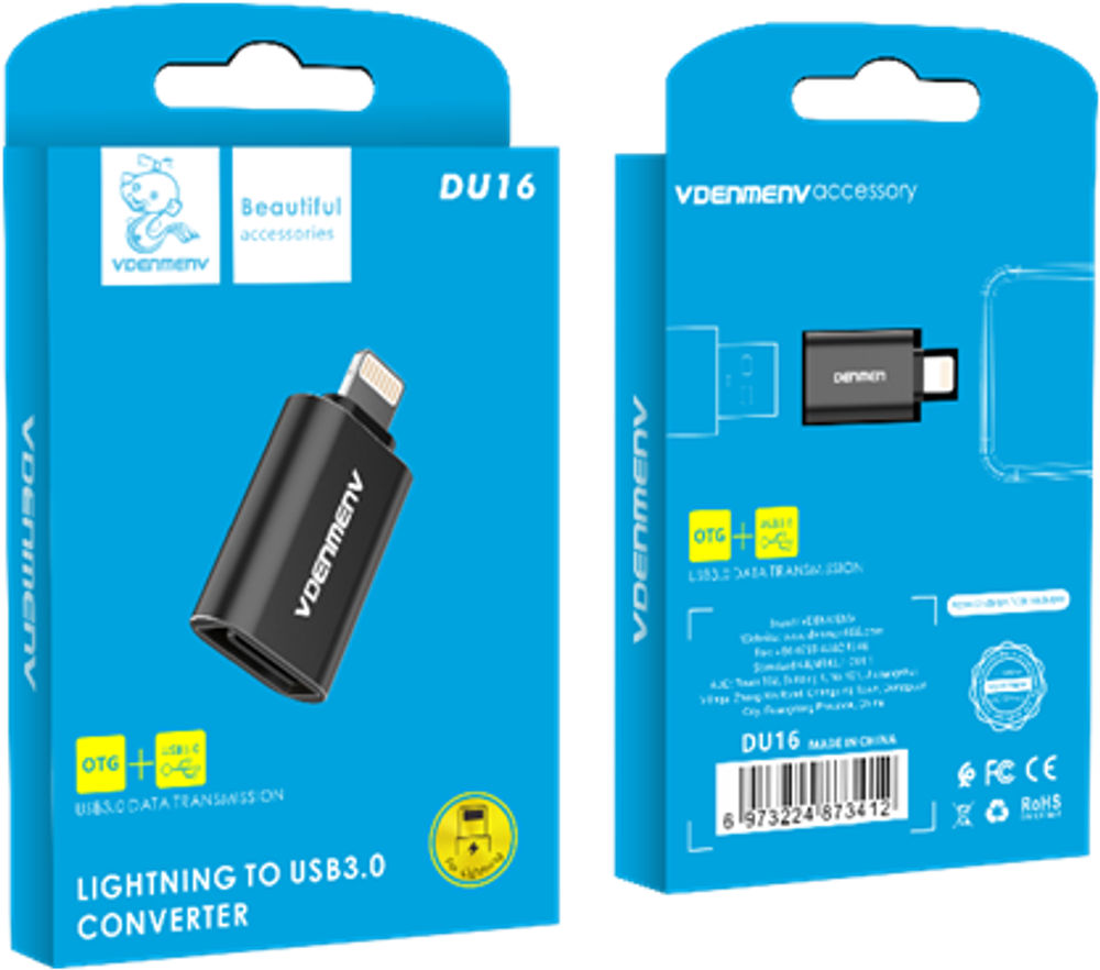 Переходник DENMEN DU16 Lightning - OTG Usb (серебро)