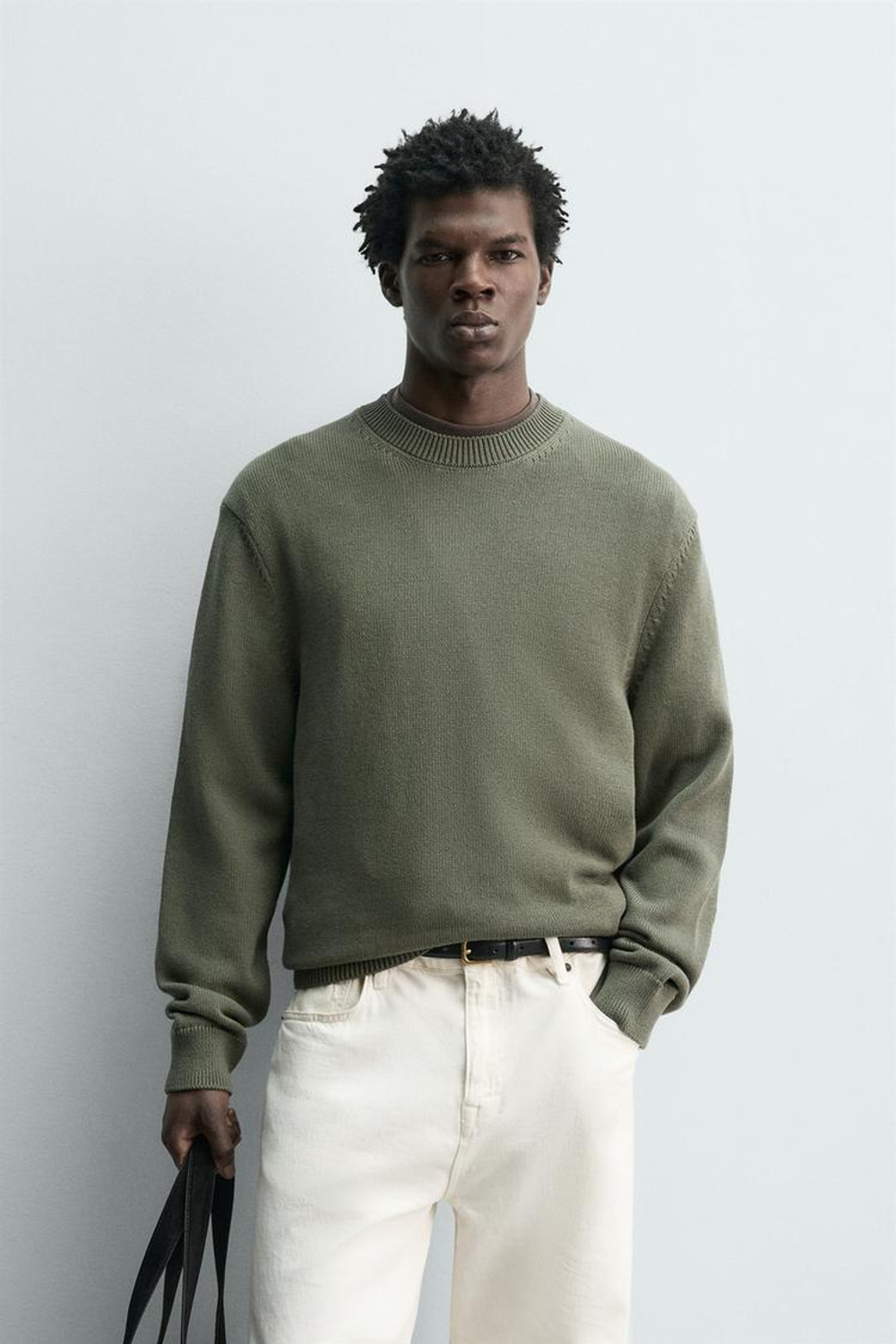 ZARA ХЛОПКОВЫЙ СВИТЕР КЛАССИЧЕСКОГО КРОЯ, ЗЕЛЕНЫЙ/СЕРЫЙ