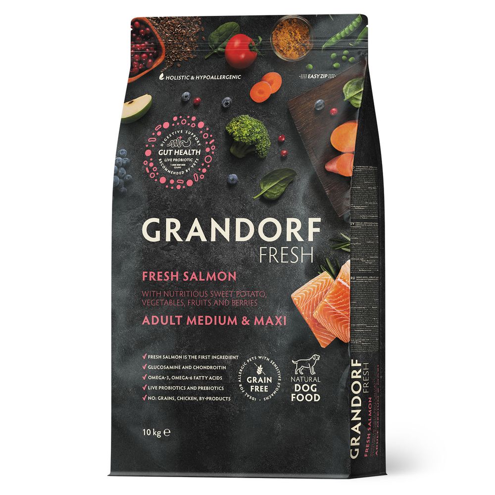 Беззерновой корм с живыми пробиотиками GRANDORF Fresh Dog Adult MED&amp;MAXI Salmon&amp;Sweet Potato cвежее филе лосося с бататом 10 кг