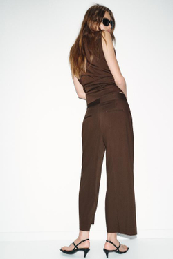 ZARA БРЮКИ ПРЯМОГО КРОЯ С ВЫСОКОЙ ПОСАДКОЙ, КОРИЧНЕВЫЙ
