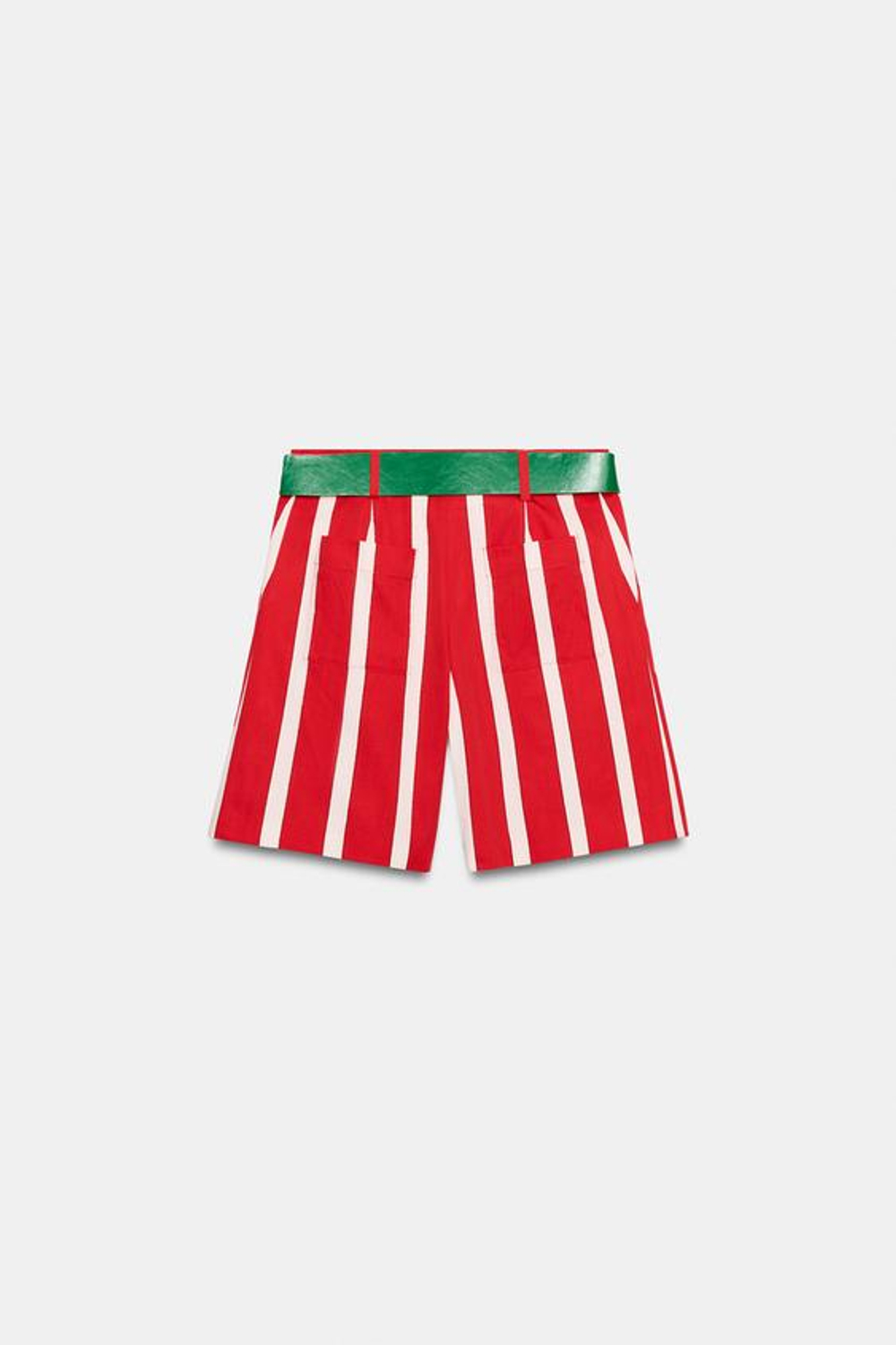 ZARA ШОРТЫ В ПОЛОСКУ С РЕМНЕМ, ЭКРЮ/КРАСНЫЙ