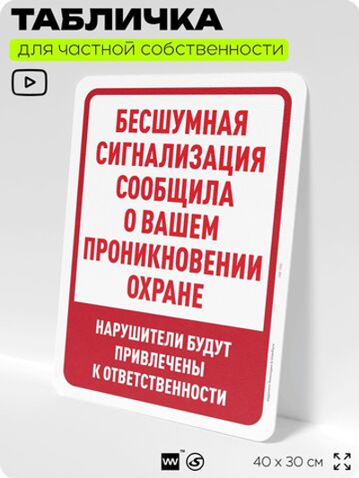 Табличка для частной территории "Бесшумная сигнализация сообщила о вашем проникновении охране", на дом, для участка, организаций и частных территорий, 40х30 см, Silver Plane x Айдентика Технолоджи
