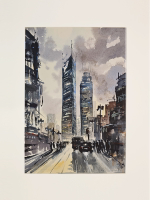 Картина авторская акварельная в паспарту 30х40 см на стену для интерьера "Урбанистический пейзаж"