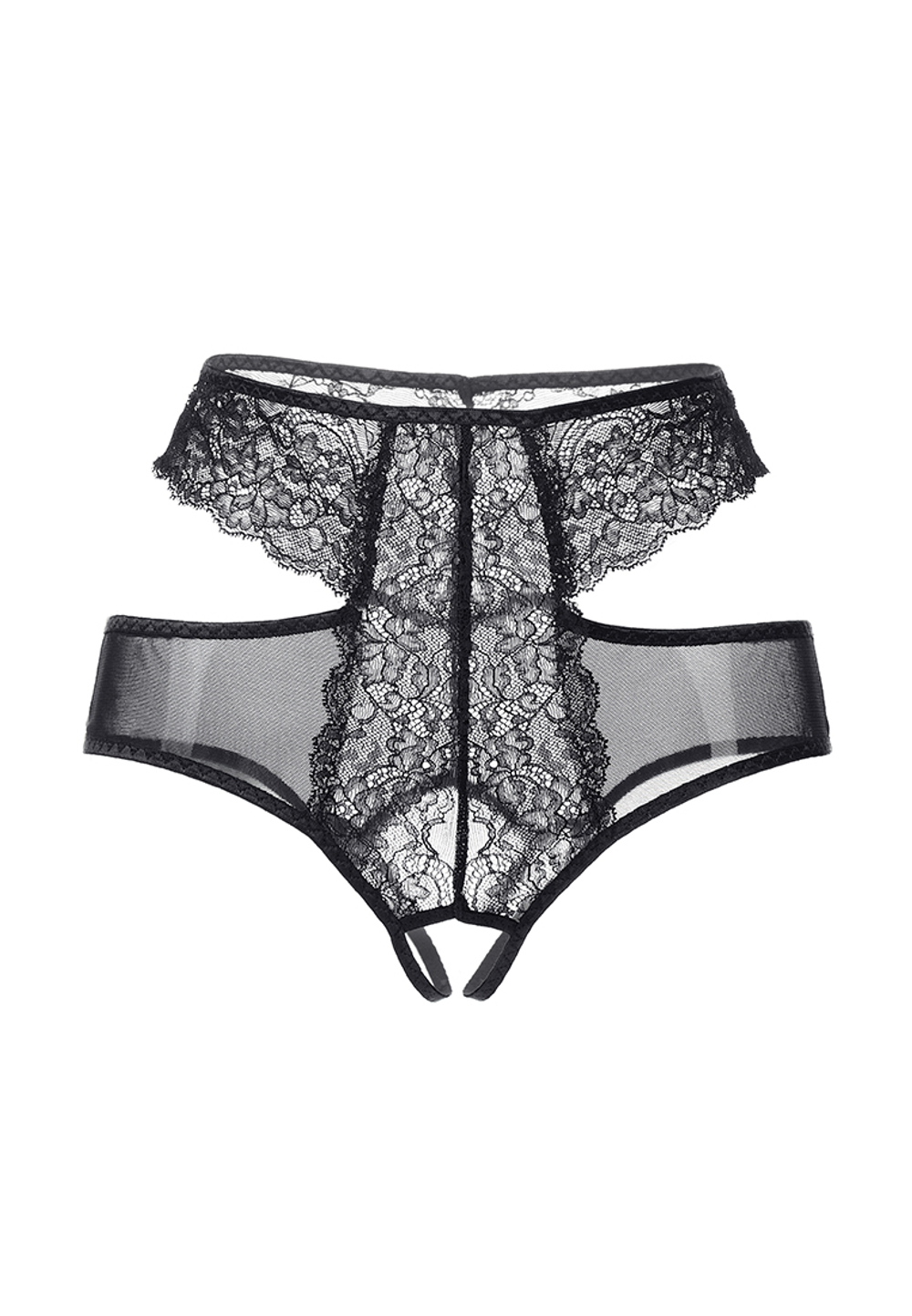 Эротические трусики с высокой посадкой и ажурными вырезами черные 50-52