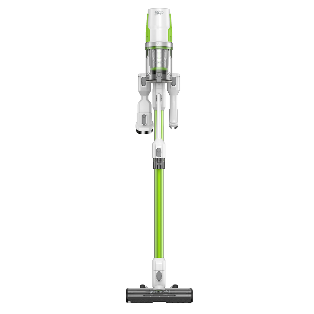 Пылесос вертикальный акк. Greenworks SV24532, 24V, б/щет, 350 Вт, 21 кПа, электрощетка, 3 насадки, LED, белый+зеленый, 1х4Ач и ЗУ (4702007UB)