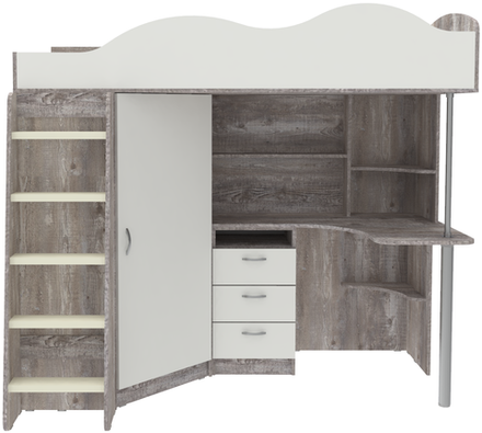 Кровать-чердак КарИВи Пионер с деревянной лестницей Бетон Белый