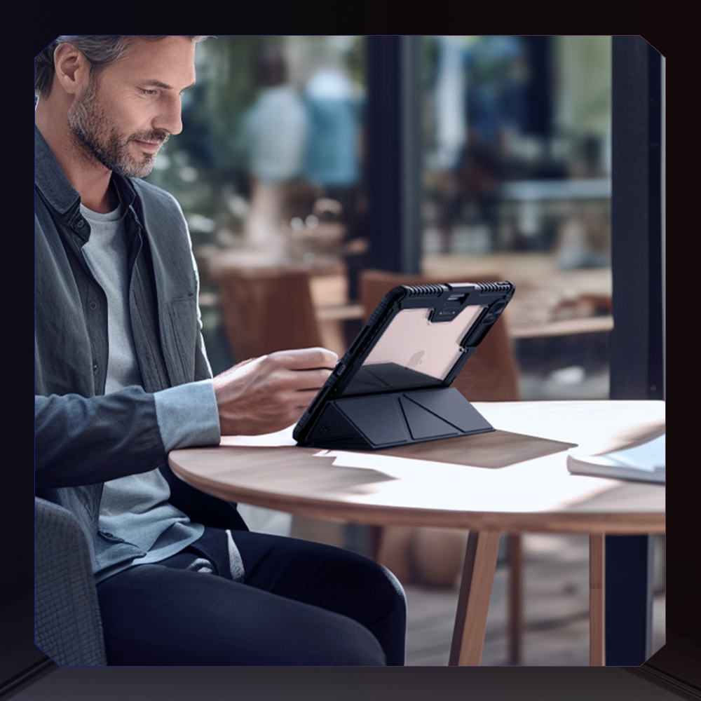 Чехол книжка синего цвета для Apple iPad Air 13 (2025, 2024) и Pro 12.9 (2020-2022), серия Bumper Pro Case-Multi Angle Folding Style от Nillkin