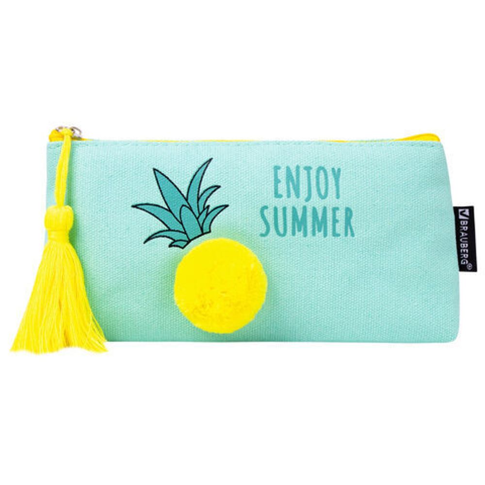 Пенал-косметичка BRAUBERG, канвас с объемной аппликацией, "Ananas", 20х3х9 см, 229002