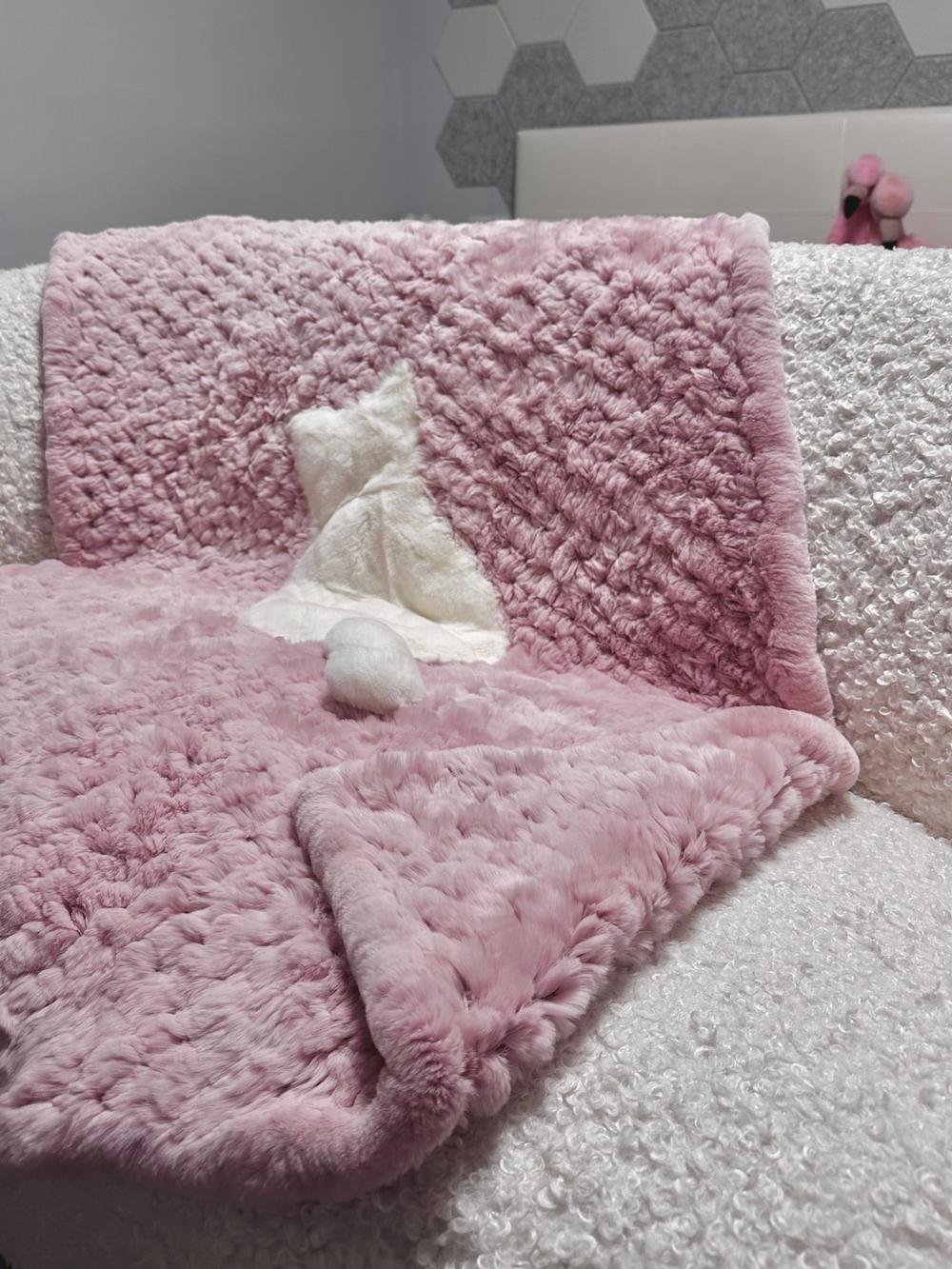 Вязаный детский плед из натурального меха рекс "Котик" 120х80 см (розовый)