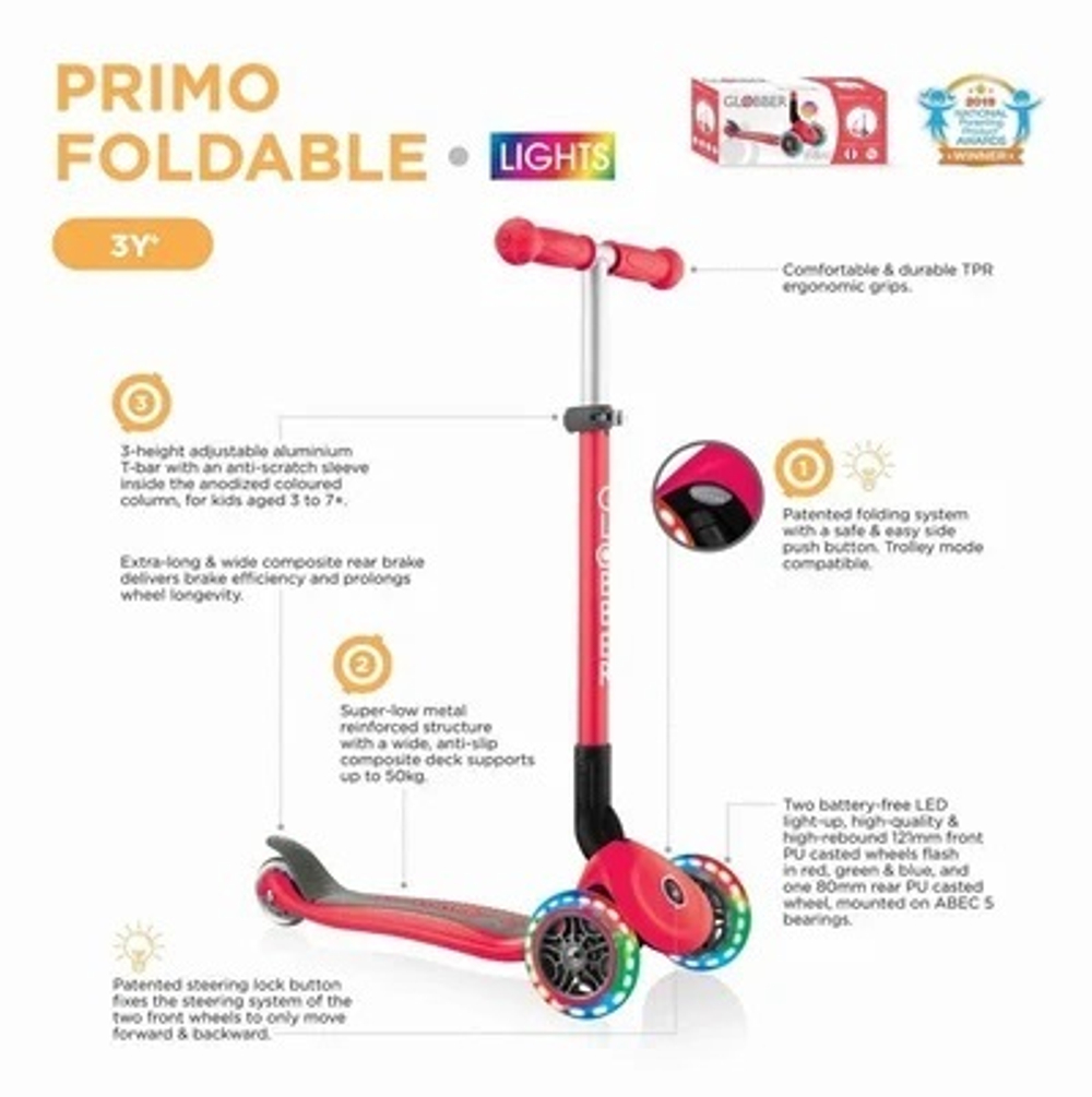 Самокат Globber Primo Foldable Lights голубой