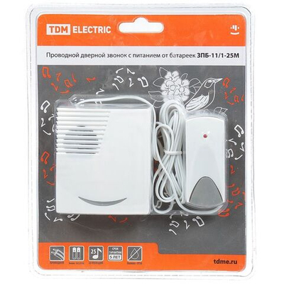 Звонок дверной проводной, на бат, 25мел, кнопка IP30, 2 х 1.5 В, АА, TDM, ЗПБ-11/1-25М, SQ1901-0014