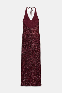 ZARA ПЛАТЬЕ С V-ОБРАЗНЫМ ВЫРЕЗОМ И ПАЙЕТКАМИ, ТЕМНО-БОРДОВЫЙ