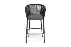 "Марсель" стул барный плетеный из роупа, каркас из стали темно-серый (RAL7024) муар, роуп темно-серый круглый, ткань темно-серая 027 NEW