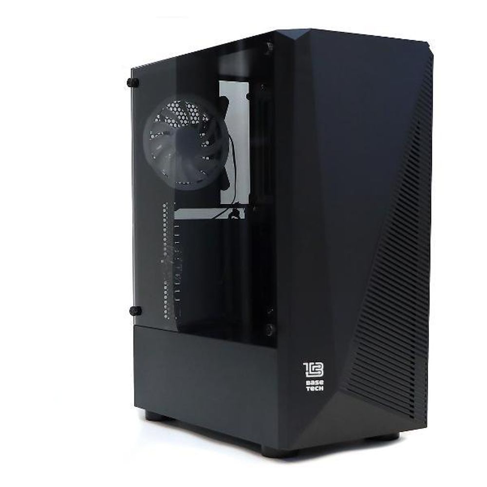 УЦЕНКА_Корпус BaseTech eXtreme GFX-01, Без БП, ATX, RGB, чёрный, 1xRGB FAN, 2xUSB2, 1xUSB3, бок: закалённое стекло (RMA_BT-GFX-01-RGB) {небольшой скол на лицевой панели}