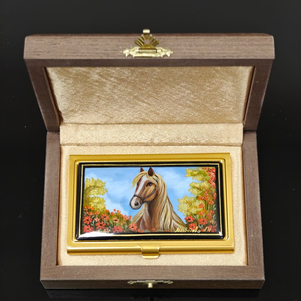 Коллекционная визитница "Рыжий конь" с ручной росписью Палех в футляре